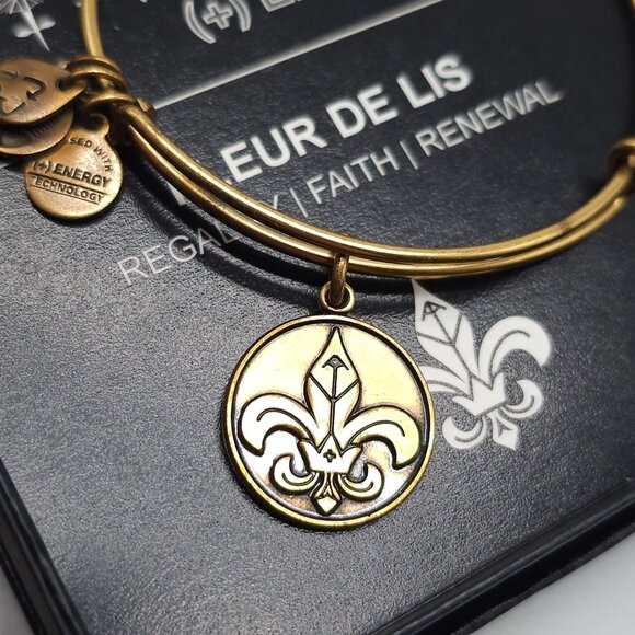 Alex And Ani Gold-Tone Fleur De Lis Charm Bangle Bracelet With Box - Picture 3 of 6